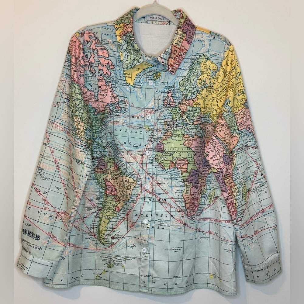 MISSLOOK Women’s World Map Print Long Sleeve Button Down Blouse Size L